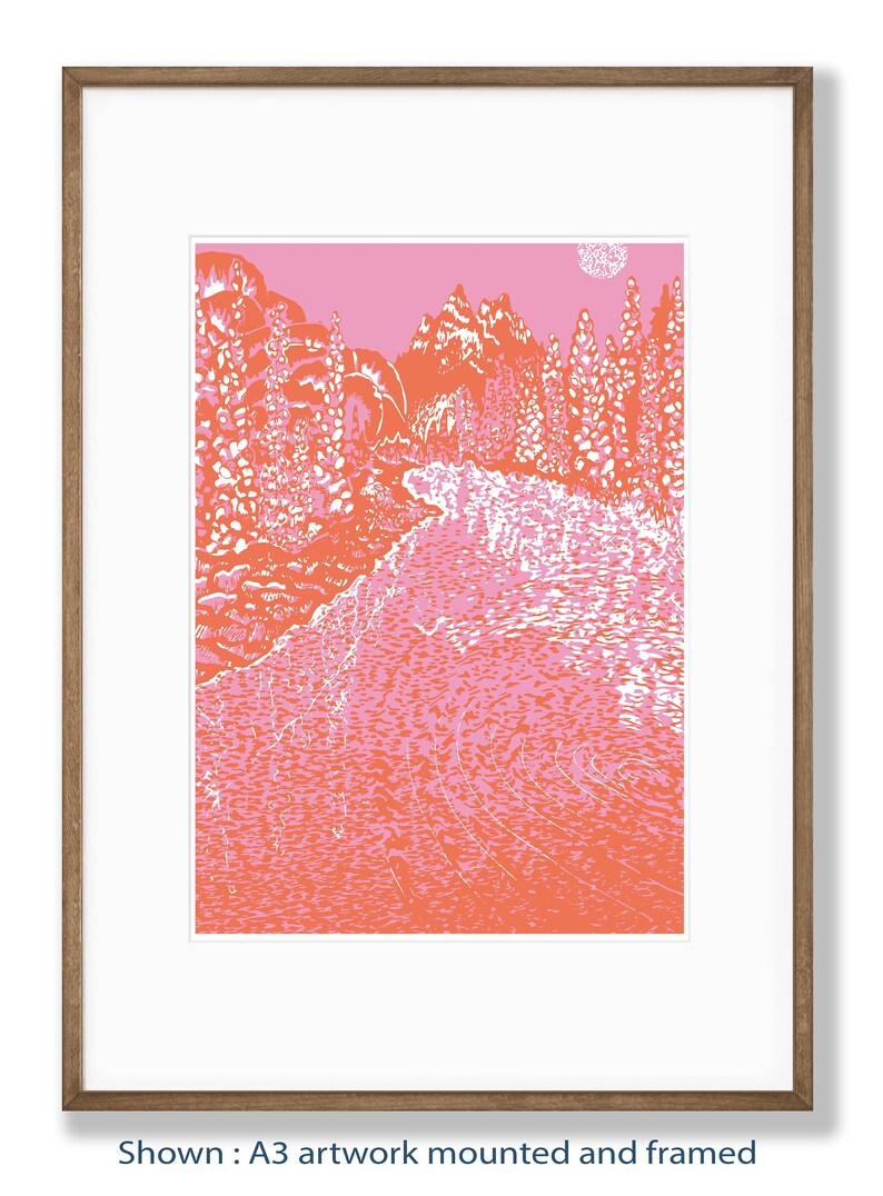 Pink and Orange Wall Art for Home Decor Modern Wall Art for Living Room Pink Art Print Gift for Her Lake and Mountain Art Print image 4