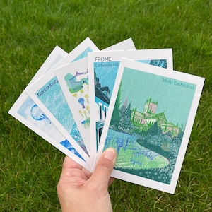 Lot de 5 cartes postales Somerset, cartes postales modernes illustrées, cartes d'artistes locaux de la cathédrale de Well, Bath, Glastonbury Tor, Frome, Bristol