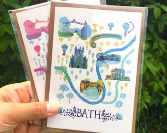 Bath City Map, Twin Pack Greetings Cards, One Design in Two Colourways, from Original Artwork.