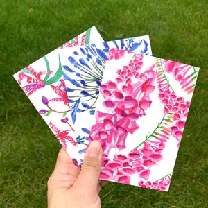 Set of 3 Watercolour flower Greetings Cards painted botanical flowers from Original Artwork. Foxgloves, Alium Agapanthus, Tiger lilies,