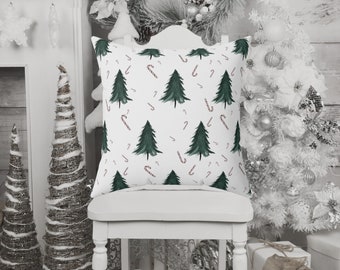 Candy Cane and Christmas Tree Pine Pillow Cover, Christmas Pillow Case, Christmas Tree Home Decor, Gift for Her, Christmas Gift, Evergreen