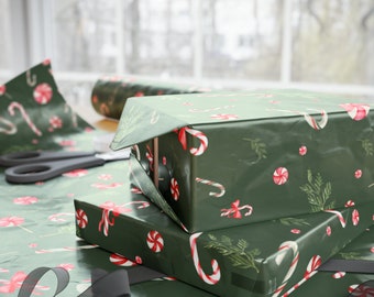 Green Candy Cane Peppermint Christmas Tree Wrapping Paper, Christmas Wrapping Paper, Pine Gift Wrap, Christmas Gift, Christmas Gift Wrap