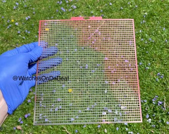 May include: A red and white gridded plastic sheet with a small handle at the top. The sheet is held in front of a green grassy background with small purple flowers.