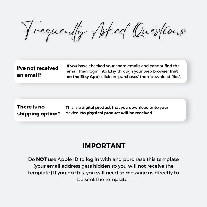 Puede incluir: Imagen con preguntas frecuentes sobre productos digitales. Fondo blanco con texto negro. Responde dudas sobre correos electr&oacute;nicos y la ausencia de env&iacute;o f&iacute;sico.