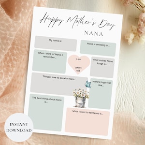 Cuestionario imprimible para el regalo de la abuela por el Día de la Madre / Hoja de entrevistas para niños / Recuerdo de la abuela / Regalo de último momento para la abuela
