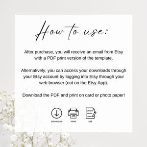 Puede incluir: Fondo blanco con el texto "How to use:" en una fuente manuscrita. Se proporcionan instrucciones sobre c&oacute;mo descargar e imprimir una plantilla PDF. Los iconos de descarga, impresi&oacute;n y uso se encuentran en la parte inferior.