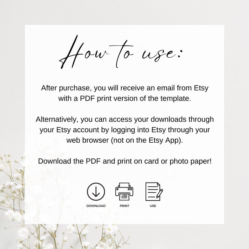 Puede incluir: Fondo blanco con el texto "How to use:" en una fuente manuscrita. Se proporcionan instrucciones sobre c&oacute;mo descargar e imprimir una plantilla PDF. Los iconos de descarga, impresi&oacute;n y uso se encuentran en la parte inferior.