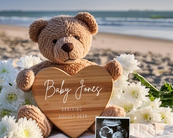 Digitalt graviditetsmeddelande på stranden | Sommarens bebismeddelande | Graviditetsavslöjande på sociala medier | Könsneutralt babymeddelande