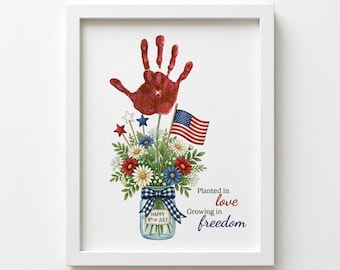 4th of July Handprint Art Printable, Patriotic Handprint Craft, Independence Day Kids Craft, Mason Jar Toddler Keepsake, Preschool DIY Art