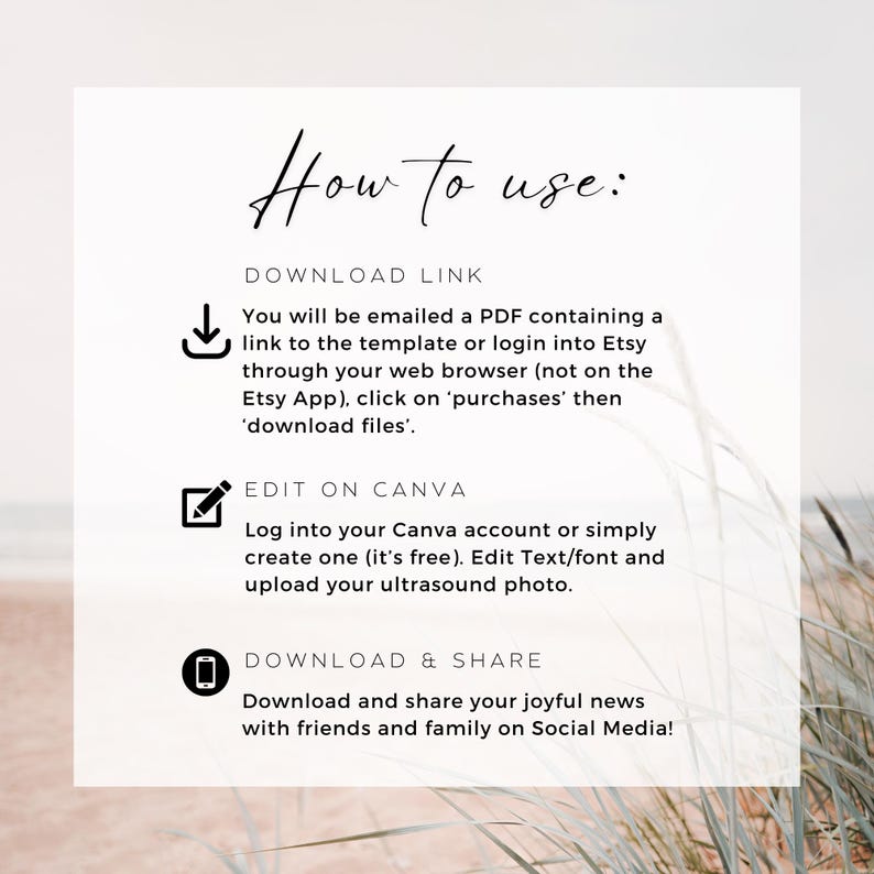 May include: White square graphic with text "How to use:" and instructions for downloading, editing on Canva, and sharing on social media. Includes icons for download, edit, and share.