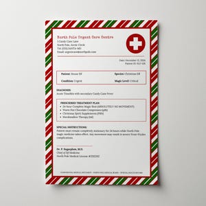Nota imprimible para el médico de elfo / Carta de excusa de emergencia para elfo en formato PDF / Formulario de hospitalización para elfo / Accesorios digitales de último momento para elfo