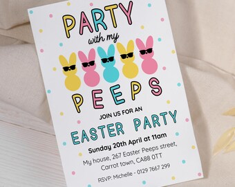 Kids Easter Party Invitation Printable | Peeps Bunny Invite Template | Digital Download 5x7 Inch | Easter Egg Hunt Party | Easter Invitation