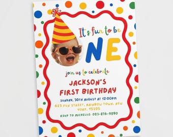 It's Fun to Be One First Birthday Invitation, Editable Colourful 1st Birthday Invite with Photo, Boy Girl Canva Template, Instant Download