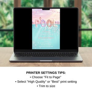 May include: A laptop displays a pool party invitation. The invitation features the words "Pool Party" in balloon-style letters, with the name "Charlotte's" and party details. The background has a sky and water theme.