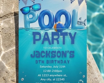 Jungen Pool Party Einladung Printable | Blau Schwimmen-Party-Geburtstag einladen | Bearbeitbare digitale Download-Vorlage | Schwimmen-Party einladen