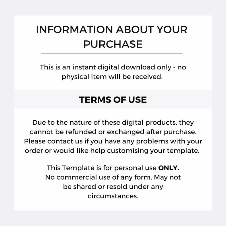 May include: A white background with black text detailing purchase information and terms of use. The text includes "INFORMATION ABOUT YOUR PURCHASE", "TERMS OF USE", and statements about digital downloads, refunds, and usage restrictions.
