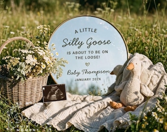 Silly Goose Pregnancy Announcement Template, Gender Neutral Baby Reveal, Goose on the Loose, Editable Canva Outdoor Social Media Download