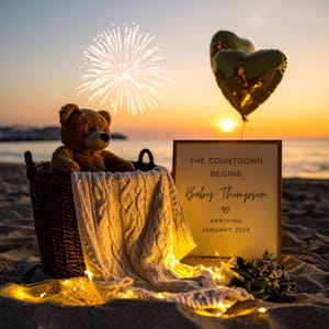May include: A teddy bear sits in a wicker basket with a cable-knit blanket on a sandy beach at sunset. A sign reads "The Countdown Begins Baby Thompson Arriving January 202X." Two heart-shaped balloons and fireworks are in the background.