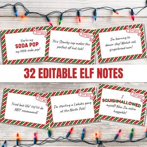 May include: A collection of 32 editable Elf Notes with various humorous messages, framed with red and green striped borders. The notes are displayed on a wooden surface, adorned with colorful Christmas lights.