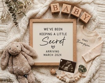 Neutral Digital Pregnancy Announcement Template: Editable Canva Little Secret Baby Reveal for Social Media