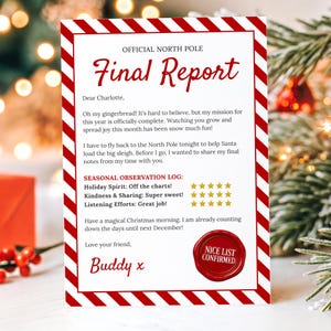 May include: A Christmas-themed card with a red and white striped border. The card reads "OFFICIAL NORTH POLE Final Report" and includes a message from "Buddy" with a "NICE LIST CONFIRMED" seal. The card is decorated with Christmas elements.