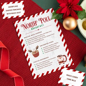 Szablon menu śniadaniowego Elfa | Wydrukuj poranek Bożego Narodzenia na Biegunie Północnym | Pomysły na specjalne śniadanie Świętego Mikołaja | Przyjęcie pożegnalne Elfa