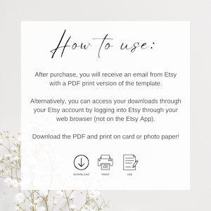 May include: White background with the text "How to use:" in a handwritten font. Instructions explain how to download and print a PDF template. Icons for download, print, and use are at the bottom.