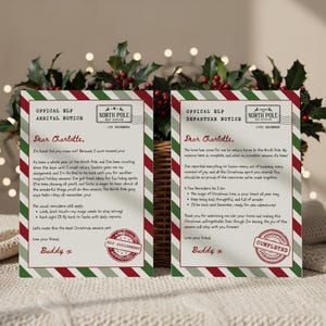 May include: Two Christmas-themed letters with red and green borders. The letters, labeled "Official Elf Arrival Notice" and "Official Elf Departure Notice," are addressed to "Dear Charlotte" and signed "Buddy x."
