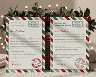 May include: Two Christmas-themed letters with red and green borders. The letters, labeled "Official Elf Arrival Notice" and "Official Elf Departure Notice," are addressed to "Dear Charlotte" and signed "Buddy x."
