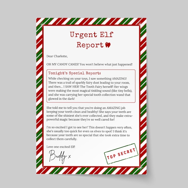 Elf Tooth Fairy Letter Printable | Elf Report Christmas | Lost Tooth Note | Personalized Elf | Christmas Tooth Fairy | Digital Download