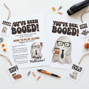 Utskrivbart kit för kollega, Bu-spel på kontoret, retro Halloween-etiketter för arbetsplatsen "Bu-korg", skylt med "Jag har blivit utbuad på jobbet".