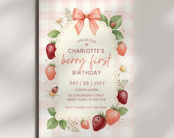 Berry First Birthday Invitation, Strawberry Sweet One Invite, Pink Gingham Coquette Bow, Printable Girl Daisy Editable Template