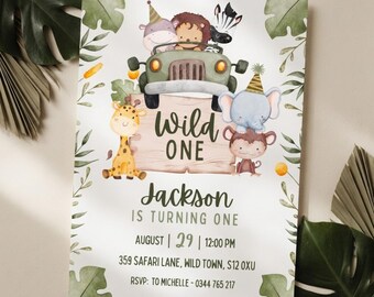 Wild One 1st Birthday Invitation: Editable Watercolour Safari Animals Canva Template, Printable Instant Download