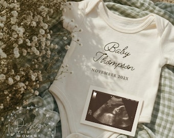 Summer Beach Pregnancy Announcement with Ultrasound | Sage Gingham Boho Baby Reveal | Editable Canva Template | Social Media Reveal