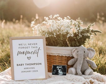 May include: A framed sign with the text "We'll never forget this moment" and "Baby Thompson arriving January 202X" sits next to a wicker basket filled with white flowers and a gray stuffed elephant. An ultrasound image is also present.