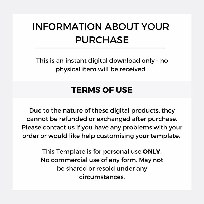 May include: A white background with black text detailing purchase information and terms of use. The text states the product is a digital download, not a physical item, and is for personal use only. No commercial use is permitted.