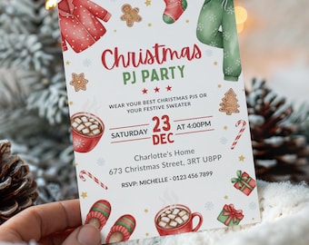 May include: A Christmas PJ Party invitation with watercolor illustrations of pajamas, gingerbread cookies, and hot cocoa. The invitation includes the date, time, and location for the event.