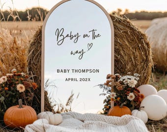 Puede incluir: Espejo con marco de madera con el texto "Baby on the way" y "Baby Thompson April 202X". La escena incluye calabazas, flores y globos, con balas de heno y hierba alta de fondo, evocando un ambiente otoñal.