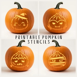 May include: Four orange pumpkins each featuring a different carved design including a witch, a vampire, a monster, and a mummy. The text PRINTABLE PUMPKIN STENCILS is centered in the middle of the image over the four pumpkins.