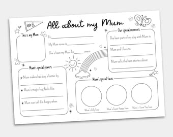 All About My Mum Printable | Mothers Day Gift from Kids | Mother Birthday Questionnaire | Kids School Activity PDF | Instant Download