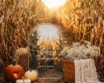 Fall Mirror Pregnancy Announcement Digital, Arch Mirror Baby Reveal Template, Autumn Cornfield Social Media Post, Neutral Boho Editable