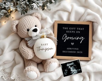 Neutral Christmas Pregnancy Announcement | Due In December Baby Announcement | Digital Pregnancy Reveal | Modern Baby Reveal Template
