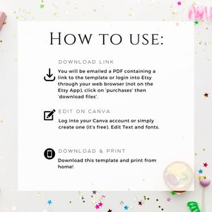 May include: A white informational graphic with the title "HOW TO USE:" and instructions for downloading, editing on Canva, and printing a template. The text is in black, with icons for each step.