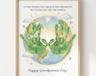 Grandparents Day Handprint Craft Printable, You Are The World Art, Earth Handprint Keepsake, DIY Kids Toddler Gift for Grandma and Grandpa