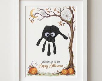 Halloween Handprint Craft Template, Spider Baby Keepsake, Dropping In To Say Happy Halloween, Toddler Preschool Art Printable A4 US Letter
