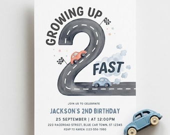 Growing Up Two Fast Birthday Invitation: Editable Canva Race Car Template, Printable 5x7