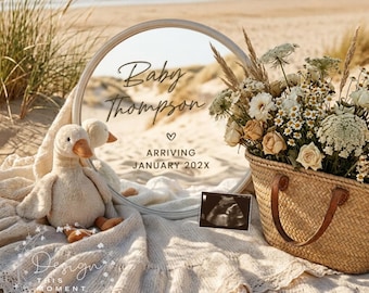 Beach Pregnancy Announcement Template, Summer Baby Reveal, Editable Canva Mirror, Gender Neutral Coastal Social Media Digital Download