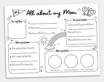 All About My Mom Printable | Mothers Day Gift from Kids | Mother Birthday Questionnaire | Kids School Activity PDF | Instant Download