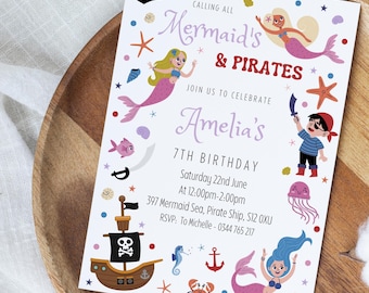 Invitation fête d&#39;anniversaire sirène et pirate à imprimer | Faire-part numérique | Faire-part d&#39;anniversaire modifiable pour enfants | Téléchargement instantané