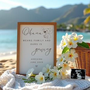Digitalt graviditetsmeddelande för Hawaiian Ohana | Avslöjande av bebis på stranden | Mall för neutral graviditetsavslöjning | Blivande föräldrar